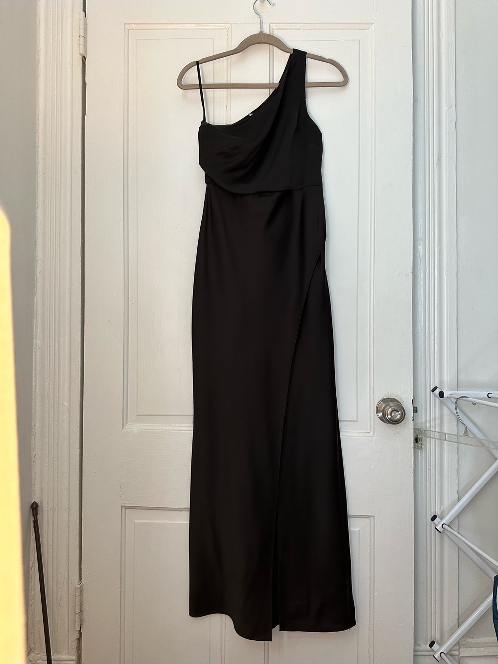 BHLDN Anthropologie Black One-Shoulder Draped Evening Bridesmaid Gown Size 0
